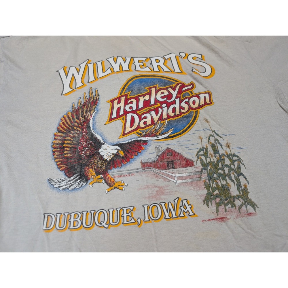 Harley Davidson Henley Mens XL Beige VTG 1986 Wilwert's Dubuque Iowa Eagle Biker